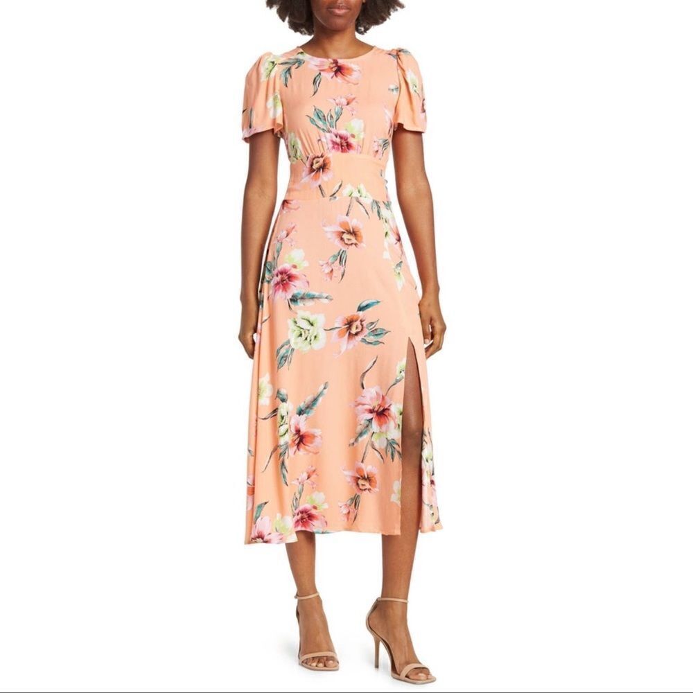 Peach Orange Size M Floral Open Back cut out midi Dress with slit